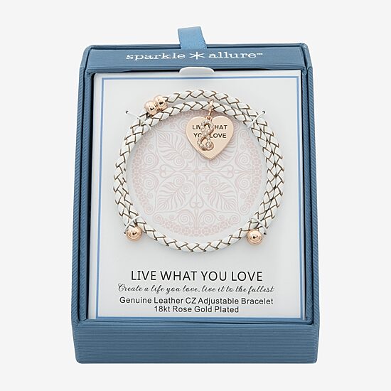 Sparkle Allure White Leather Coil Womens Cubic Zirconia 18K Rose Gold Over Brass Wrap Bracelet