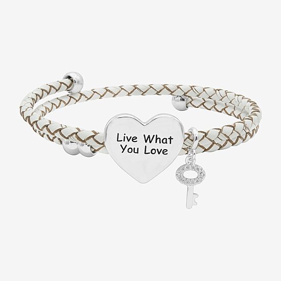 Sparkle Allure White Leather Coil Womens Cubic Zirconia Pure Silver Over Brass Wrap Bracelet