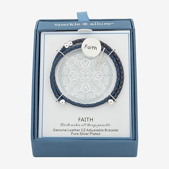 Sparkle Allure Blue Leather Coil Faith Womens Cubic Zirconia Pure Silver Over Brass Wrap Bracelet