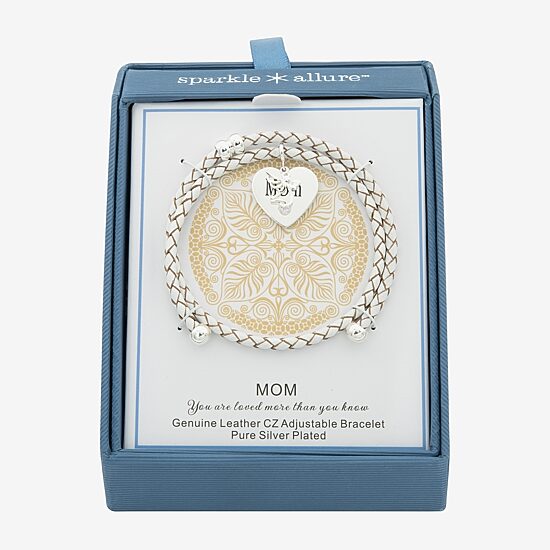 Sparkle Allure White Leather Coil Mom Womens Cubic Zirconia Pure Silver Over Brass Wrap Bracelet