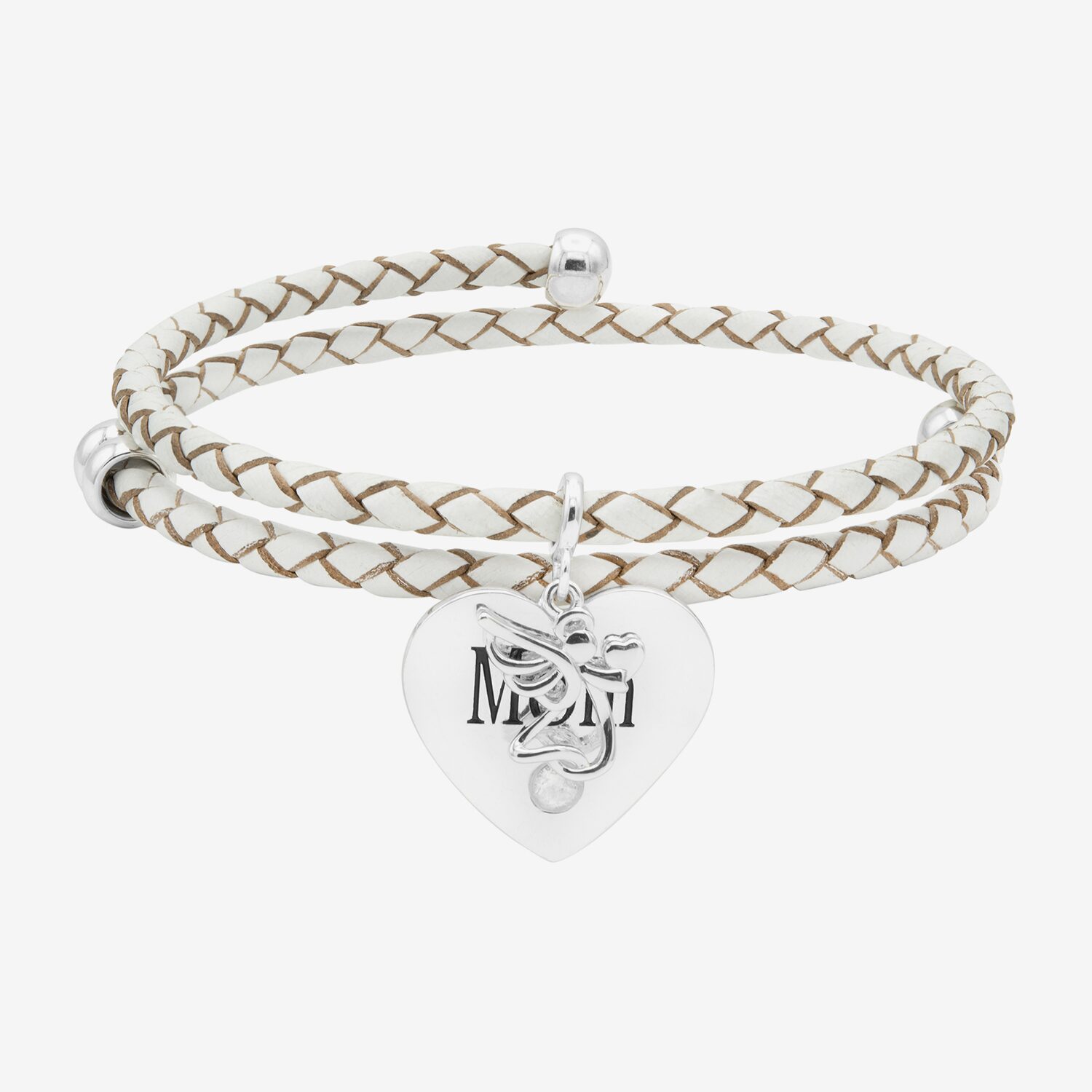 Sparkle Allure White Leather Coil Mom Womens Cubic Zirconia Pure Silver Over Brass Wrap Bracelet