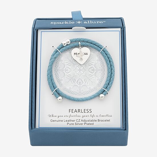 Sparkle Allure Blue Leather Coil Fearless Womens Cubic Zirconia Pure Silver Over Brass Wrap Bracelet