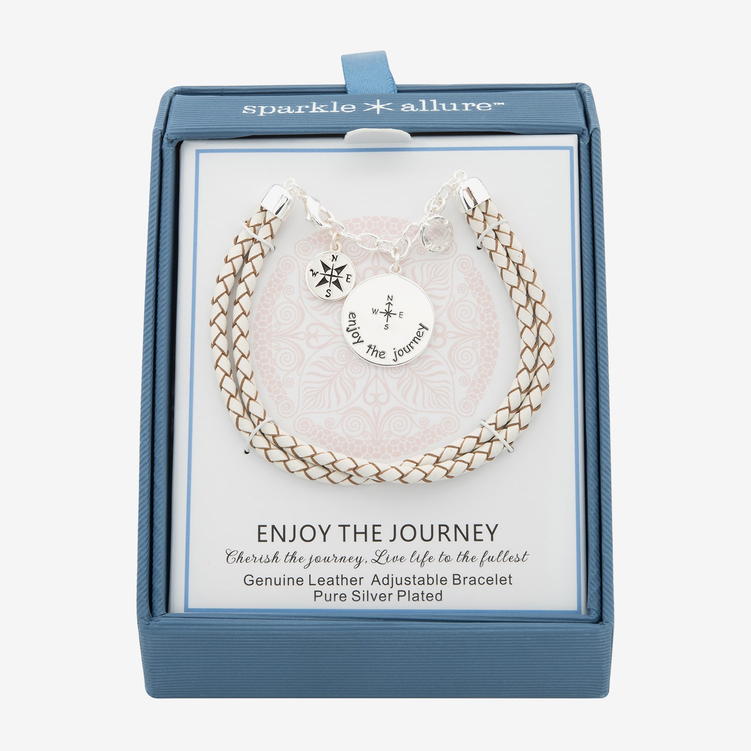 Sparkle Allure White Leather Compass Womens Cubic Zirconia Pure Silver Over Brass Round Charm Bracelet