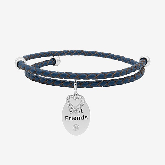 Sparkle Allure Navy Blue Leather Coil Best Friend Womens Cubic Zirconia Pure Silver Over Brass Heart Oval Charm Bracelet