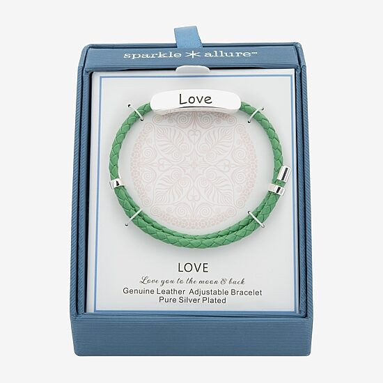 Sparkle Allure Green Leather Love Womens Bar Bolo Bracelet