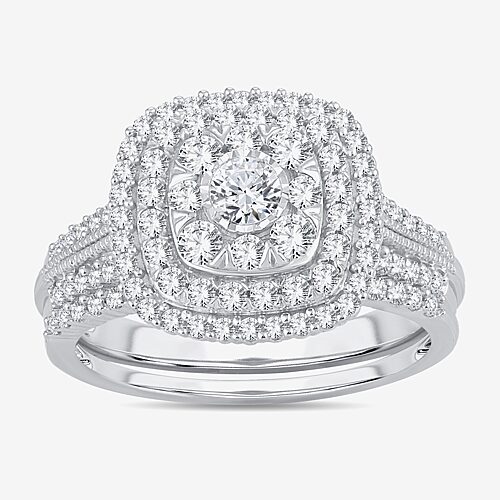 Womens 1 CT.T.W. Natural Diamond 10K or 14K White Gold Cushion Side Stone Halo Bridal Set, 8, White