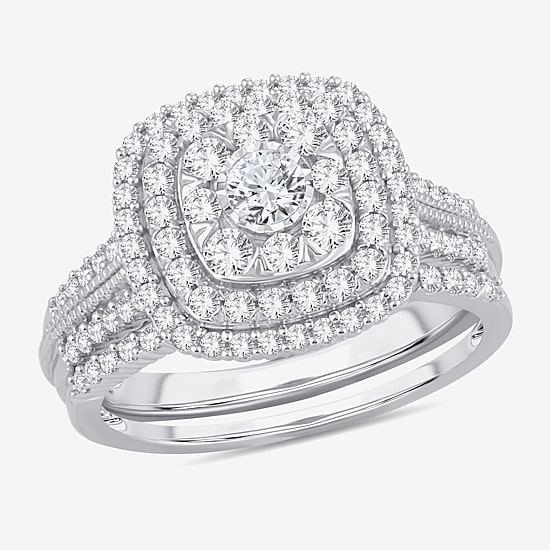 Womens 1 CT.T.W. Natural Diamond 10K or 14K White Gold Cushion Side Stone Halo Bridal Set