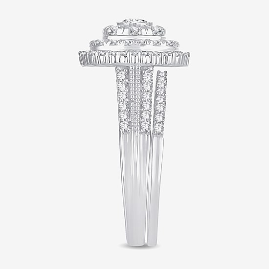 Womens 1 CT.T.W. Natural Diamond 10K or 14K White Gold Cushion Side Stone Halo Bridal Set