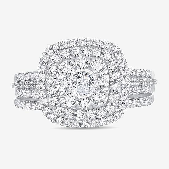Womens 1 CT.T.W. Natural Diamond 10K or 14K White Gold Cushion Side Stone Halo Bridal Set
