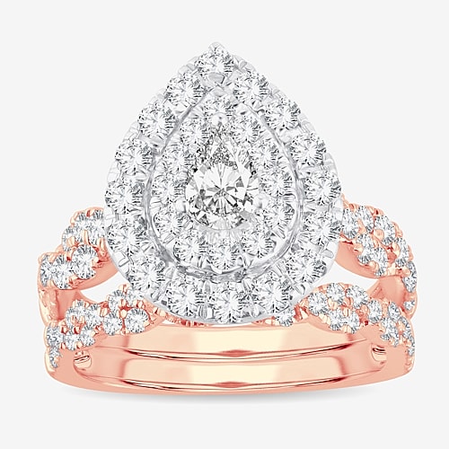 Signature By Modern Bride Womens 2 CT.T.W. Natural Diamond 10K or 14K Gold Pear Side Stone Halo Bridal Set, 9, Rose