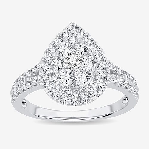 (H-I / I1) Womens 1 CT. T.W. Lab Grown White Diamond 10K or 14K Gold Pear Side Stone Halo Engagement Ring, 9, White