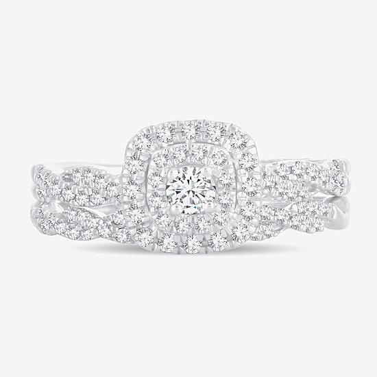 Womens 1/2 CT.T.W. Natural Diamond 10K or 14K White Gold Cushion Halo Bridal Set