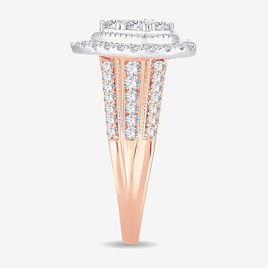 Womens 1 CT.T.W. Natural Diamond 10K or 14K Rose Gold Pear Side Stone Halo Engagement Ring