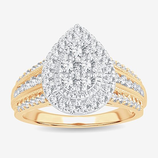 Womens 1 CT.T.W. Natural Diamond 10K or 14K Gold Pear Side Stone Halo Engagement Ring