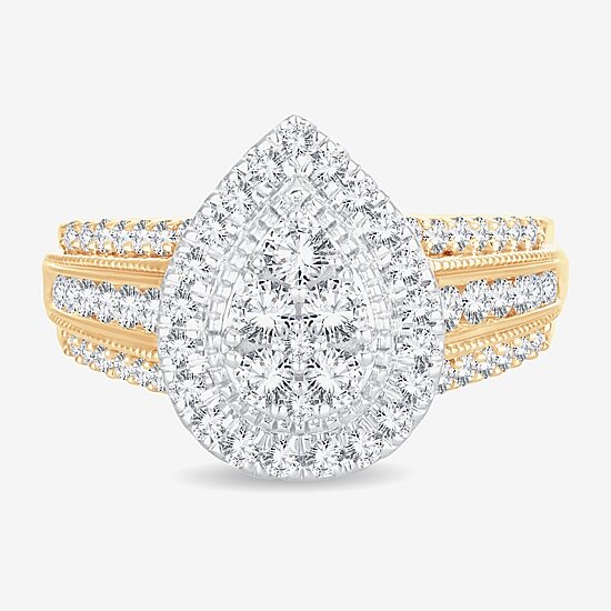 Womens 1 CT.T.W. Natural Diamond 10K or 14K Gold Pear Side Stone Halo Engagement Ring