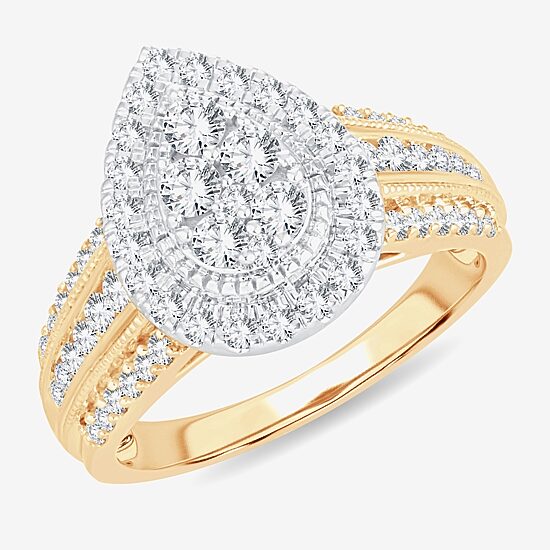 Womens 1 CT.T.W. Natural Diamond 10K or 14K Gold Pear Side Stone Halo Engagement Ring