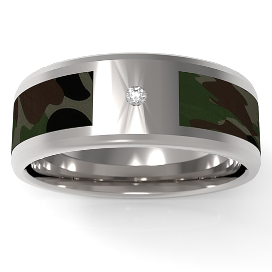 Green Camo Mens 7MM Diamond Accent Natural White Diamond Stainless Steel Wedding Band