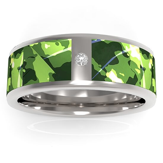 Green Camo Mens 8MM Diamond Accent Natural White Diamond Stainless Steel Wedding Band