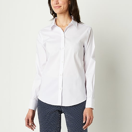 Liz Claiborne Womens Long Sleeve Regular Fit Wrinkle Free Poplin Button-Down Shirt