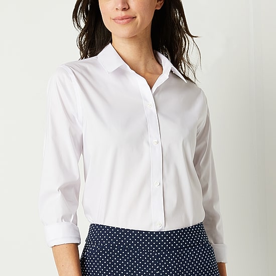 Liz Claiborne Womens Long Sleeve Regular Fit Wrinkle Free Poplin Button-Down Shirt