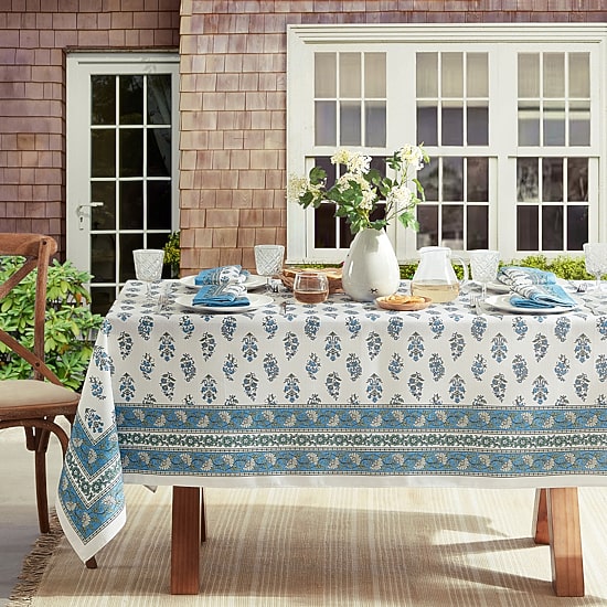 Threadmade Tropez Block Print Stain & Water Resistant Indoor/Outdoor Tablecloth