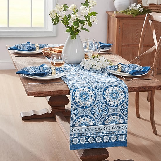 Threadmade Vietri Medallion Block Print Stain N Water Resistant Indoor/Outdoor Table Runner