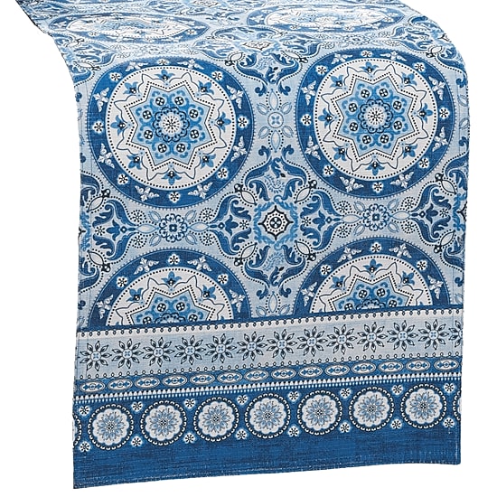 Threadmade Vietri Medallion Block Print Stain N Water Resistant Indoor/Outdoor Table Runner