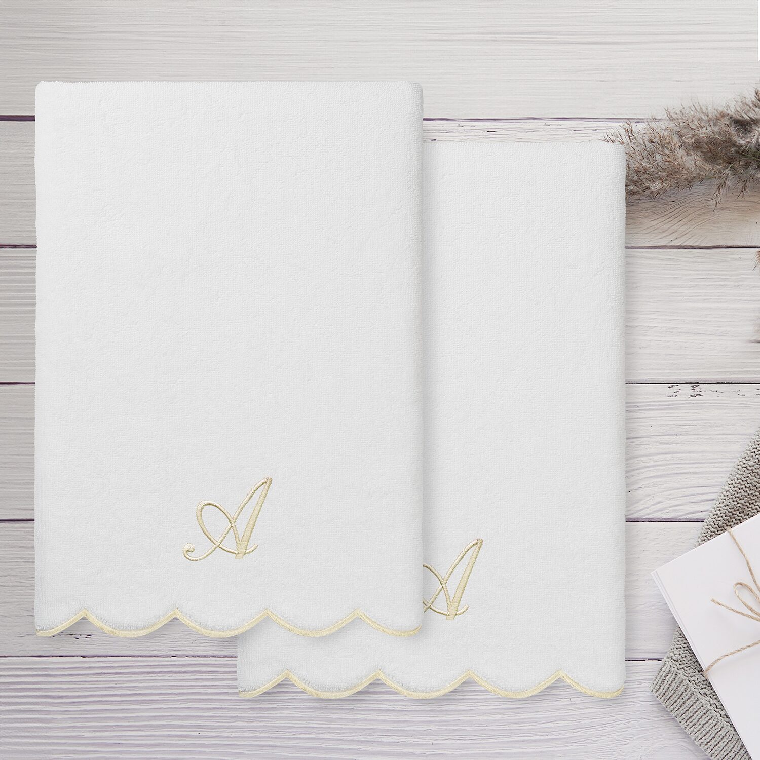 Linum Home Textiles Adornia Beige Scallop Personalized 2-pc. Quick Dry Bath Towel Set