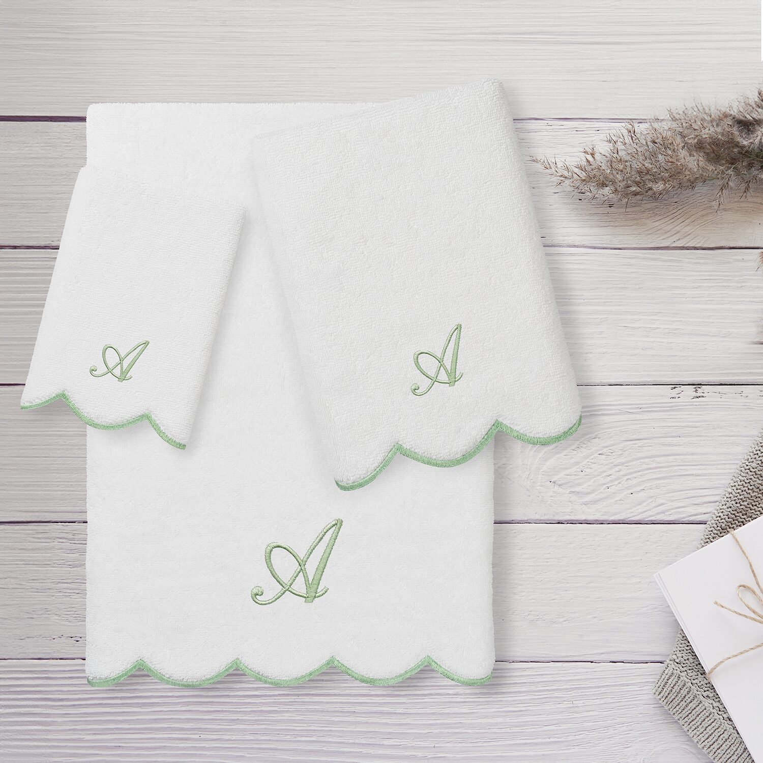 Linum Home Textiles Adornia Green Scallop Personalized 3-pc. Quick Dry Bath Towel Set