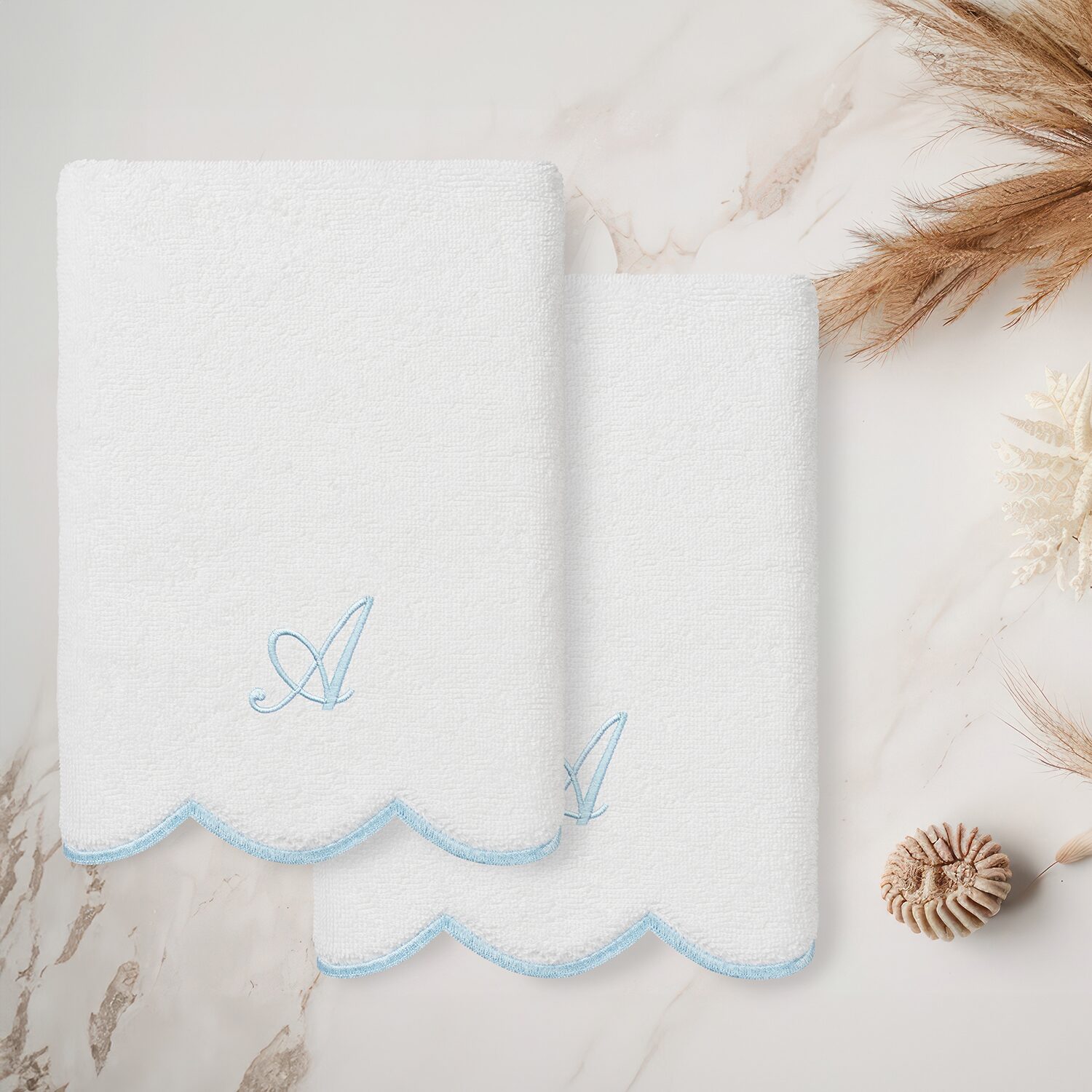 Linum Home Textiles Adornia Blue Scallop Personalized 2-pc. Hand Towel