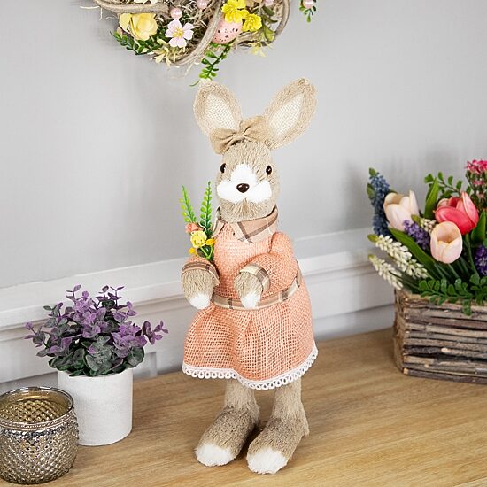 Northlight 15" Rustic Girl Rabbit With Flowers Easter Figurine