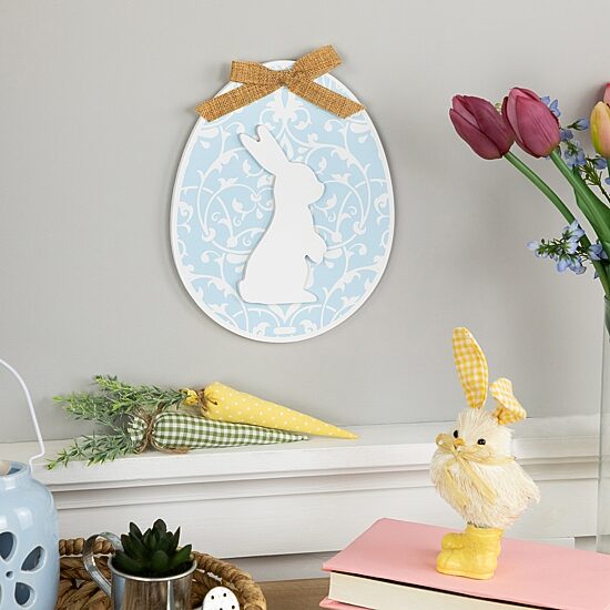 Northlight 10" Egg With Bunny And Burlap Bow Wooden Wall Sign