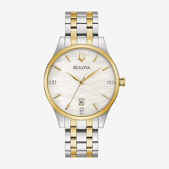 Bulova Womens Two Tone Stainless Steel Leather Bracelet Watch 98p201