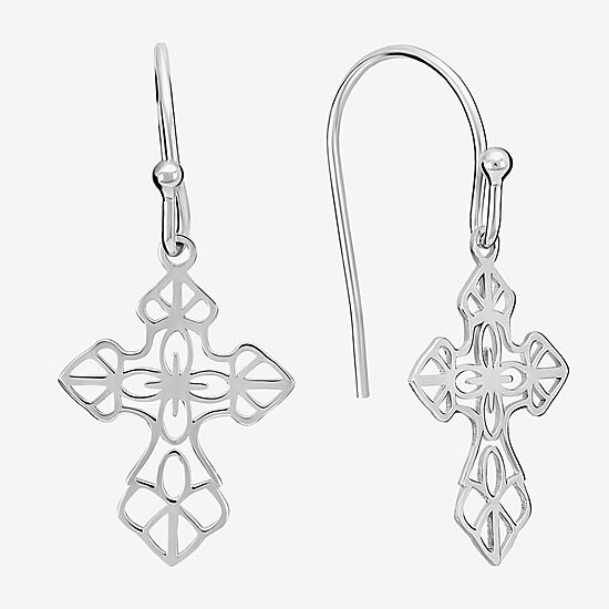 Silver Treasures Womens Sterling Silver Cross Drop Earrings