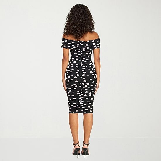 Premier Amour Womens Short Sleeve Off The Shoulder Midi Polka Dot Sheath Dress