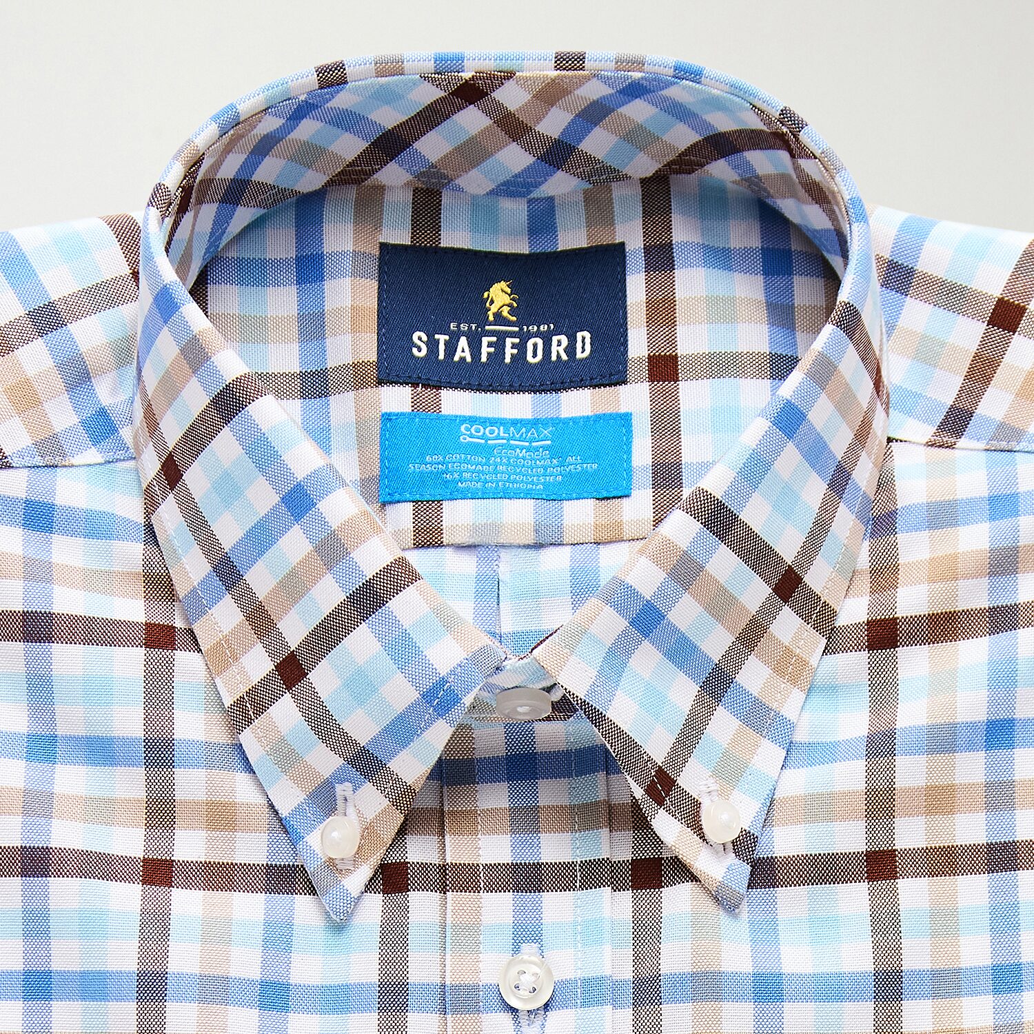 Stafford Coolmax All Season Ecomade Oxford Mens Regular Fit Stretch Fabric Wrinkle Free Long Sleeve Dress Shirt