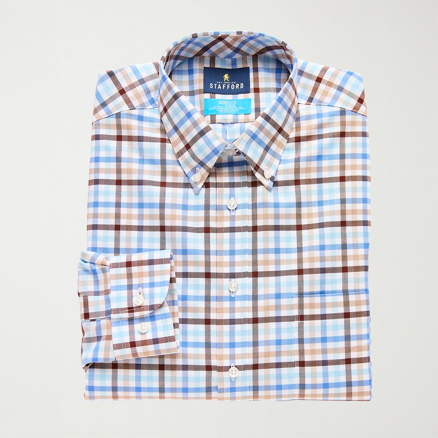 Stafford Coolmax All Season Ecomade Oxford Mens Regular Fit Stretch Fabric Wrinkle Free Long Sleeve Dress Shirt