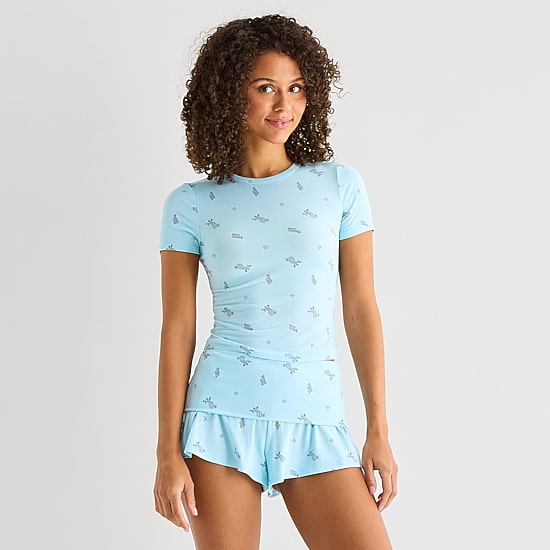Arizona Body Cloud Kissed Womens Round Neck Short Sleeve Juniors Pajama Top