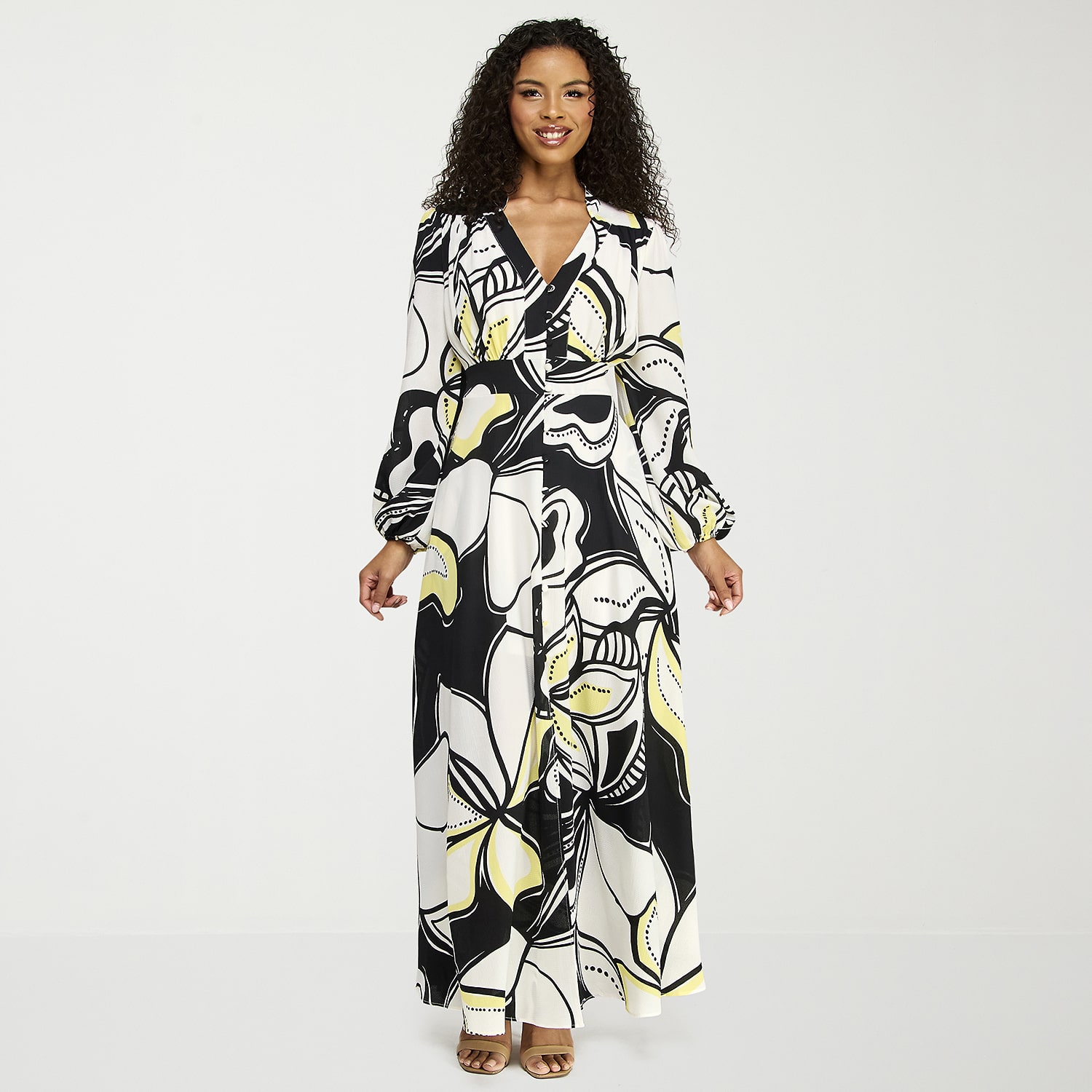 Premier Amour Womens High-Low V Neck Long Sleeve Puffed Maxi Dress