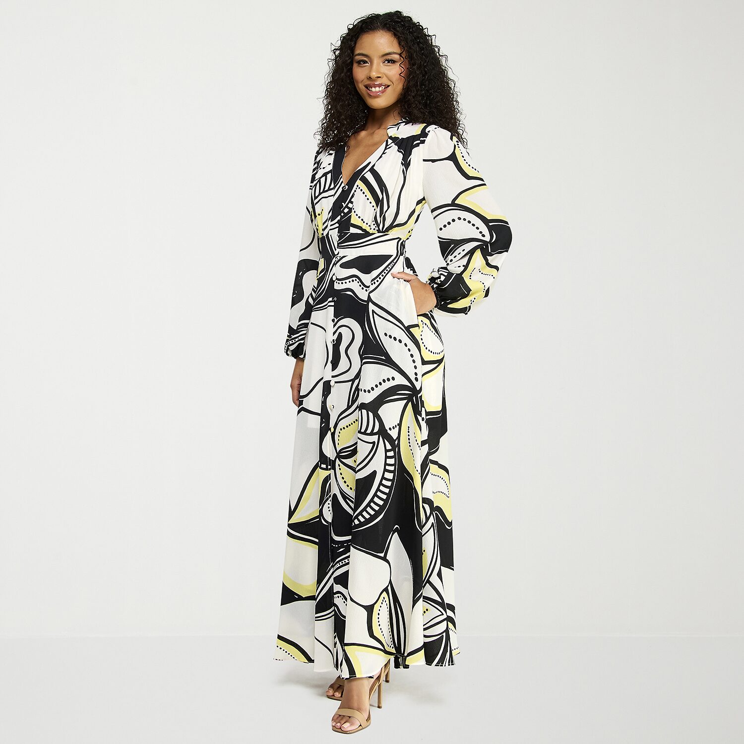 Premier Amour Womens High-Low V Neck Long Sleeve Puffed Maxi Dress