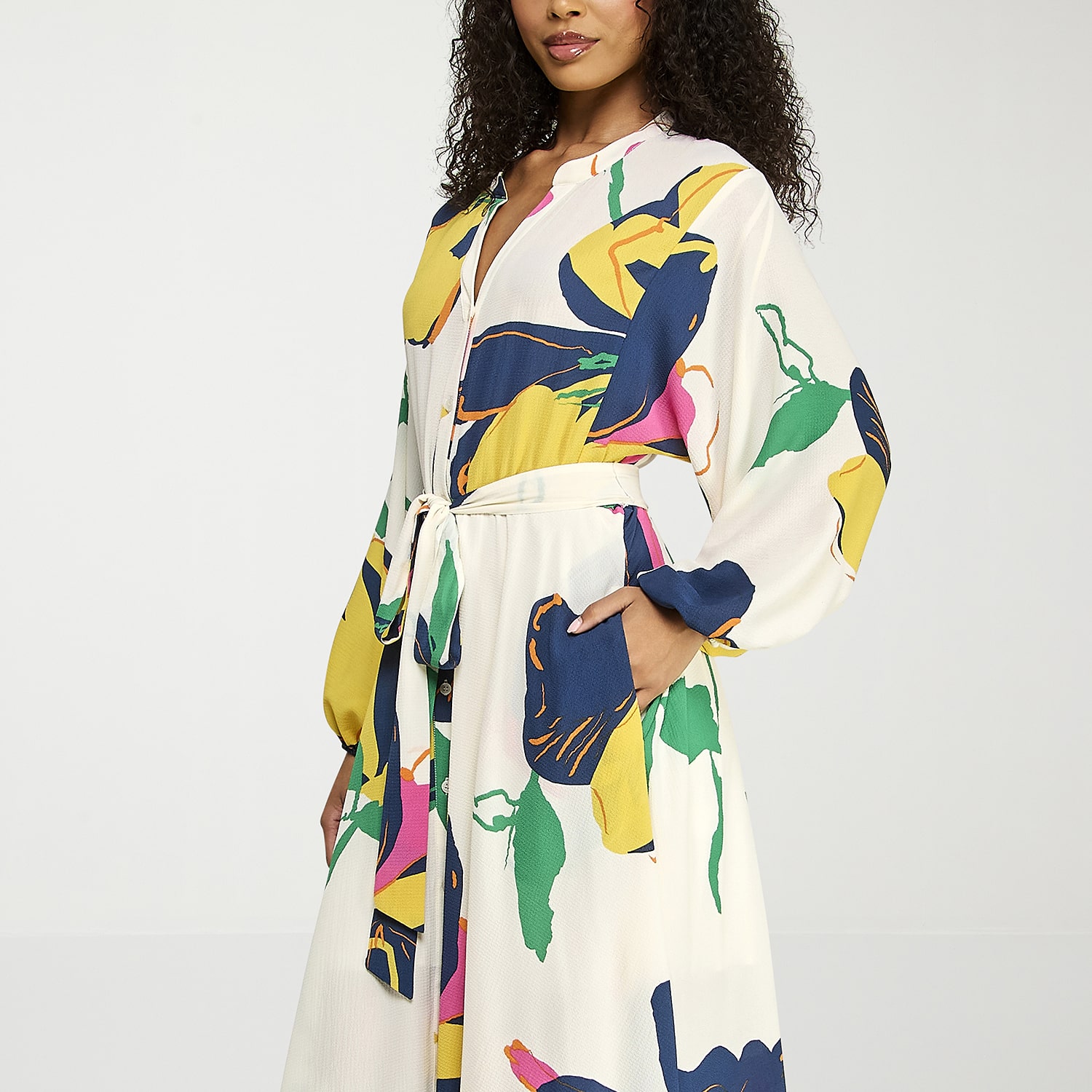 Premier Amour Womens Midi V Neck Long Sleeve Puffed Floral Fit + Flare Dress