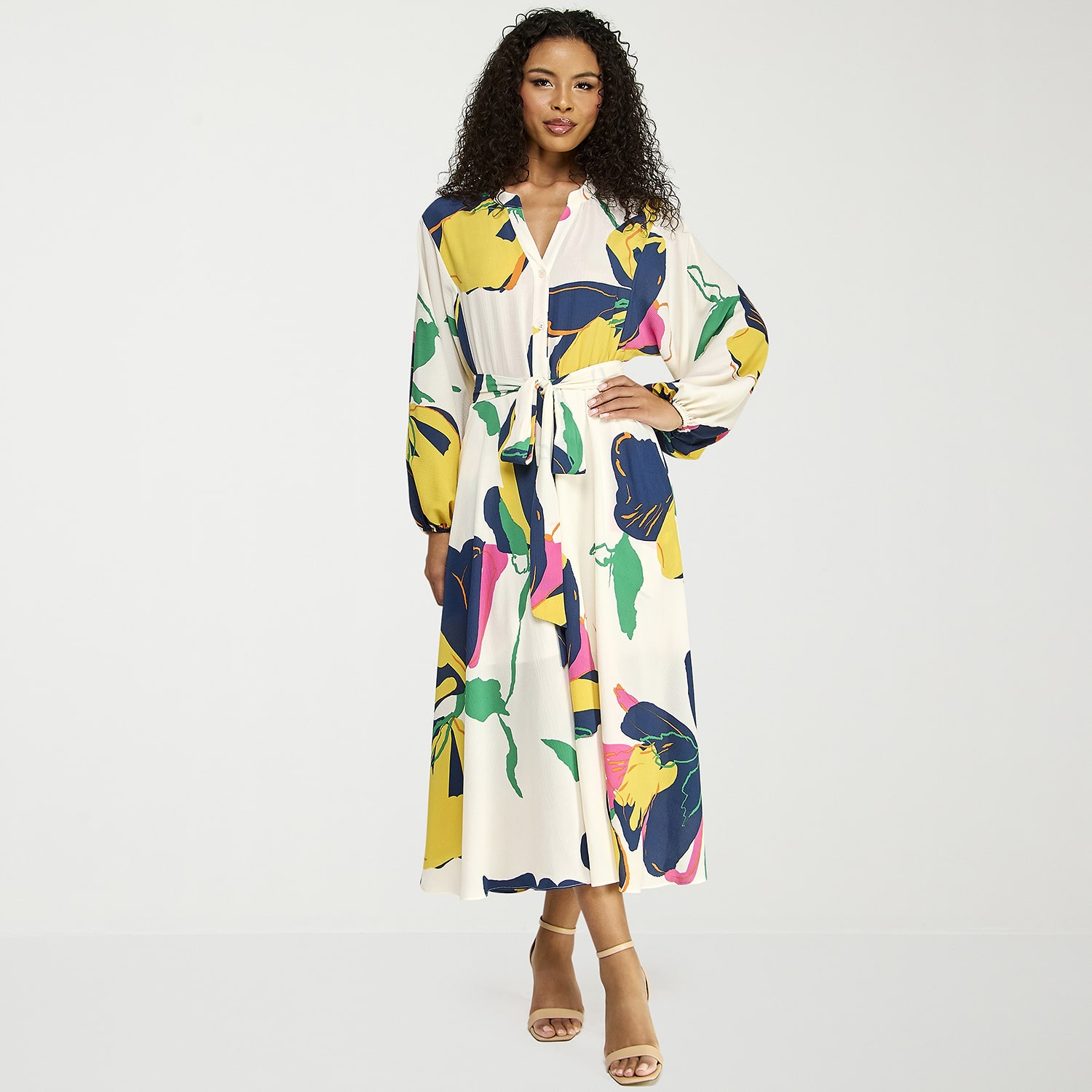 Premier Amour Womens Midi V Neck Long Sleeve Puffed Floral Fit + Flare Dress