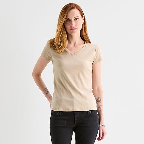 Liz Claiborne Womens Tall V Neck Short Sleeve T-Shirt, Small Tall, Beige