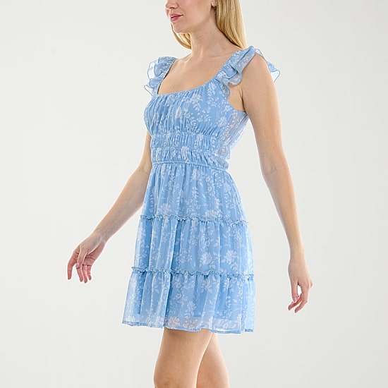 Trixxi Womens Juniors Straight Neck Sleeveless Flutter Floral Fit + Flare Dress