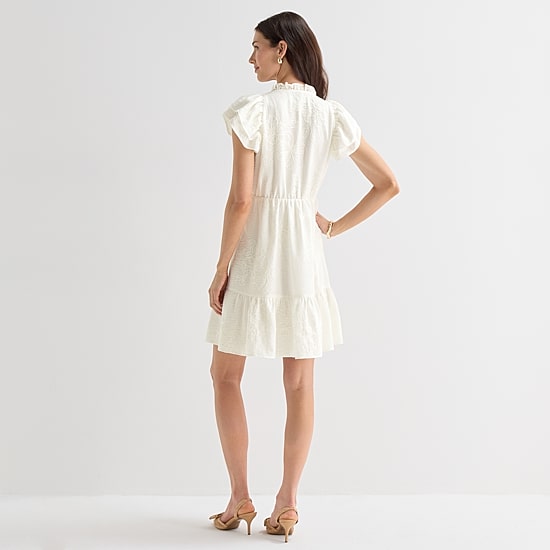 Willow Glenn Womens V Neck Short Sleeve Embroidered Babydoll Dress