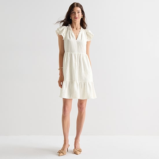 Willow Glenn Womens V Neck Short Sleeve Embroidered Babydoll Dress