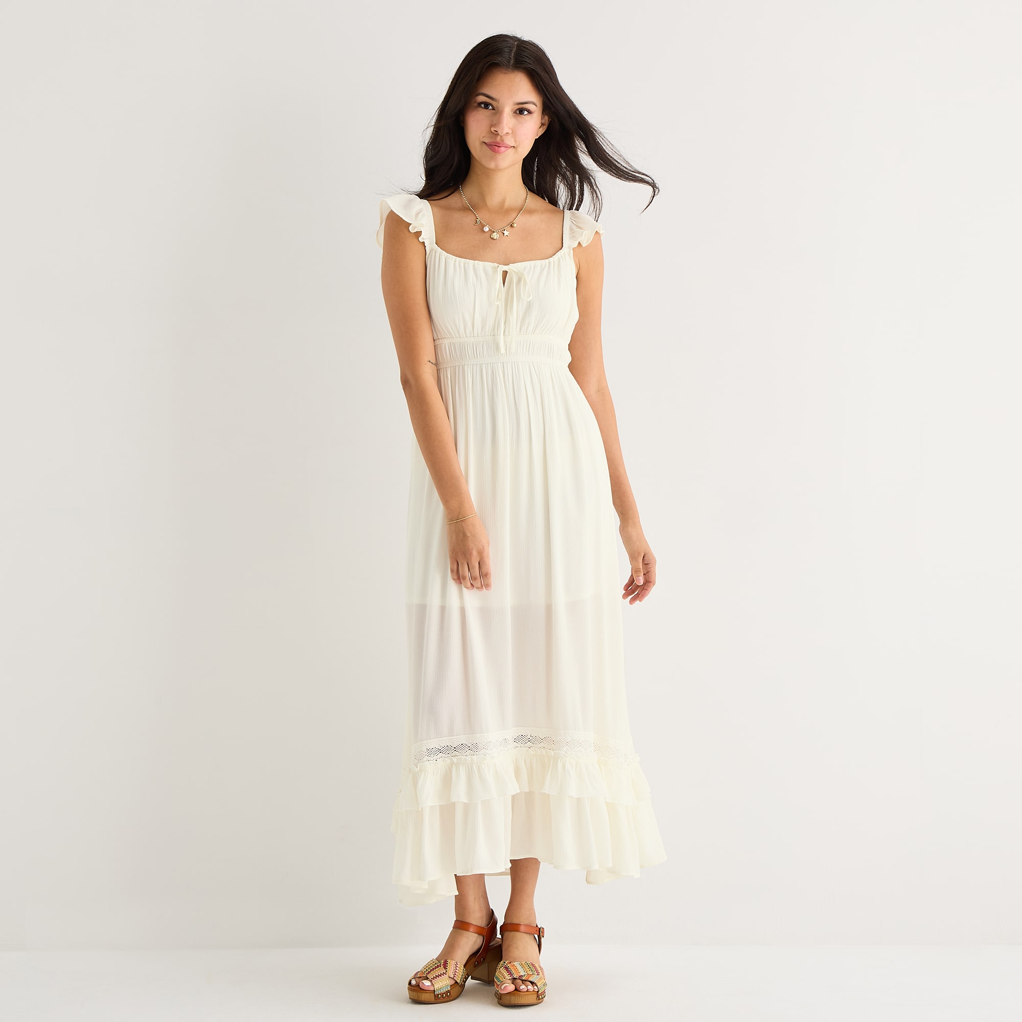 Arizona Womens Juniors Midi Square Neck Sleeveless Peasant Dress