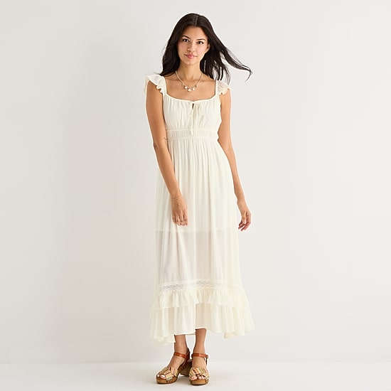 Arizona Womens Juniors Midi Square Neck Sleeveless Peasant Dress
