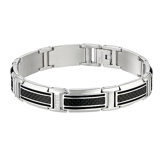 Mens 1/10 CT. T.W. Diamond Stainless Steel and Carbon Fiber Link Bracelet