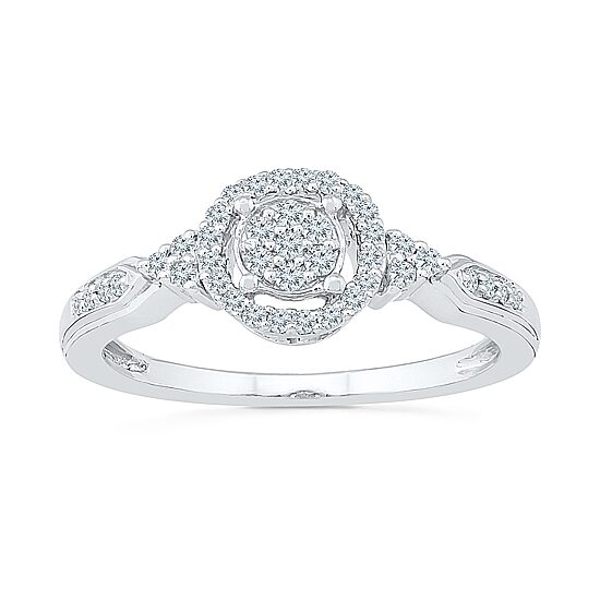 Promise My Love Womens 1/5 CT. Natural White Diamond Sterling Silver Round Side Stone Halo Promise Ring